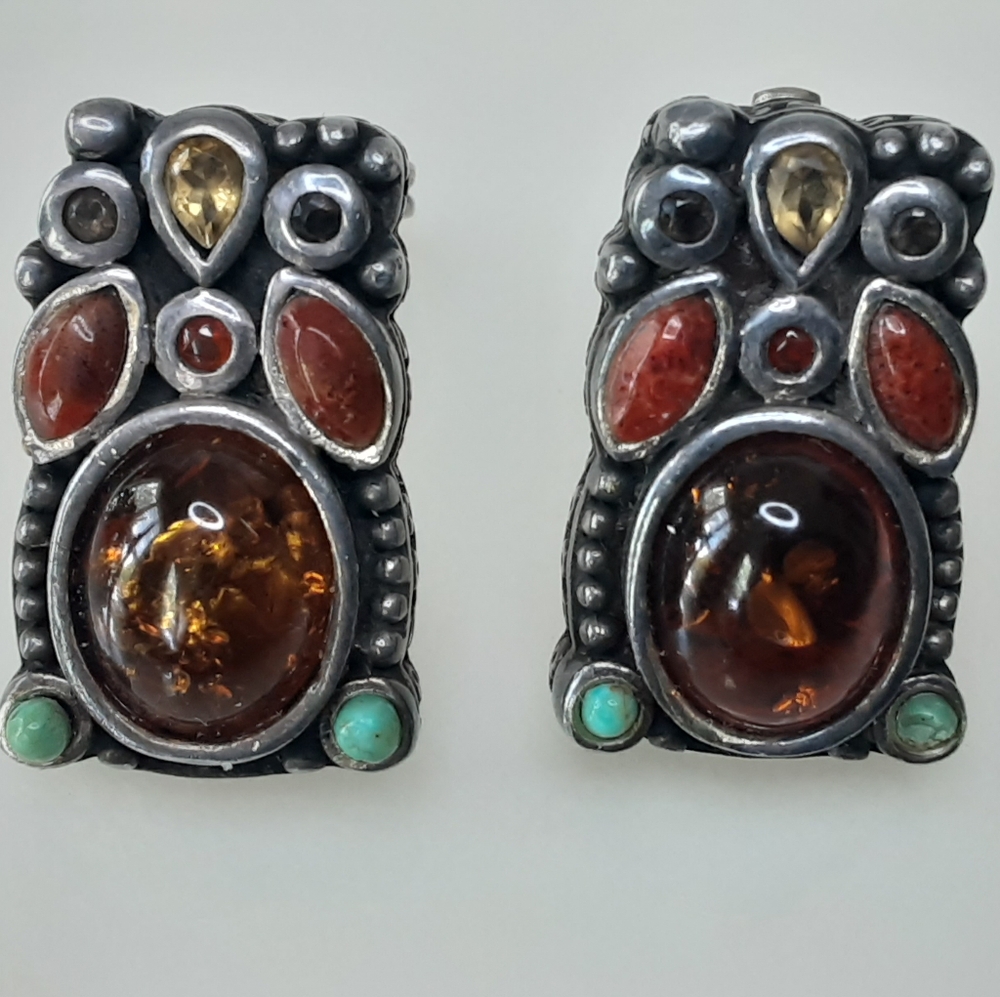 BARSE 925 Amber | Multi-Semi Precious Stone Rectangle Clip-On Earrings - Vtg - Picture 4 of 11